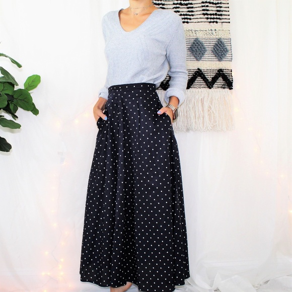 J. Crew Dresses & Skirts - VTG J.Crew Navy Polka Dot Pocket Maxi Pleat Skirt